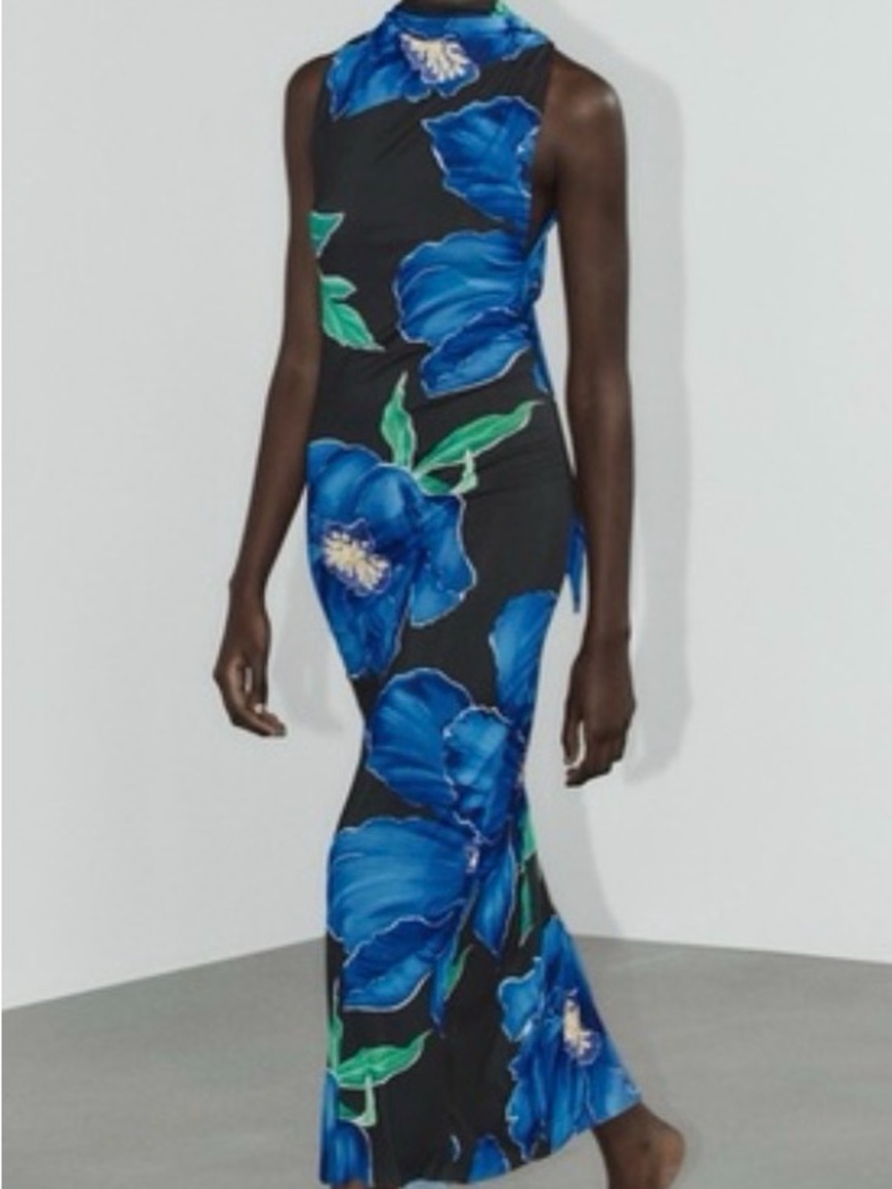 Zara Black Midi Dress with Bold Blue Floral Print